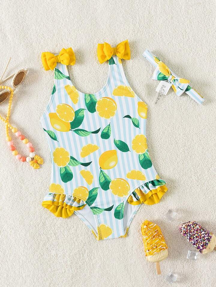 SHEIN Baby Girl Beach Holiday Color Block Striped Lemon Printed One Piece Swimsuit | SHEIN