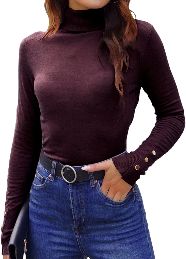 Hyipels Women's Turtleneck Sweater Long Sleeve Fitted Lightweight Soft Knit Pullover with Metal B... | Amazon (US)