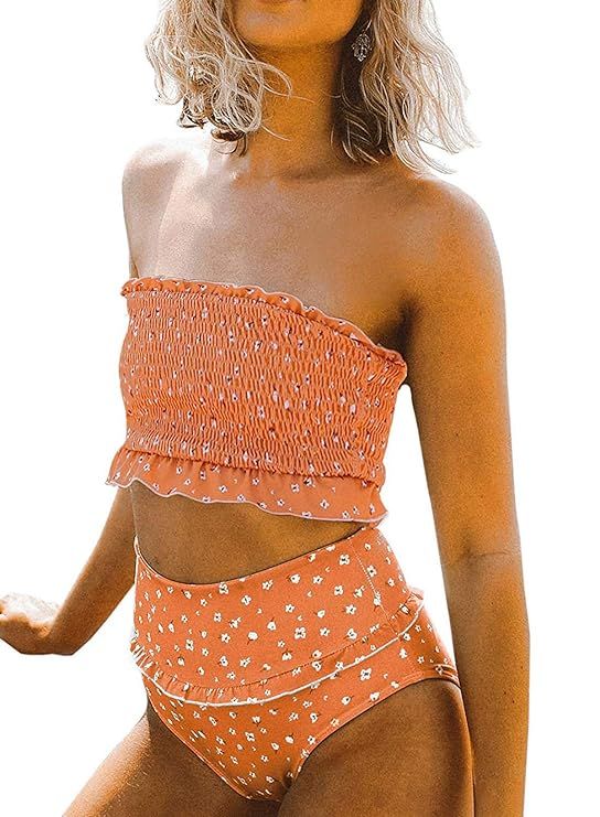 ZESICA Women's Summer Floral Printed High Waist Ruched Smocked Beach Bikini Sets Swimsuit Bathing... | Amazon (US)