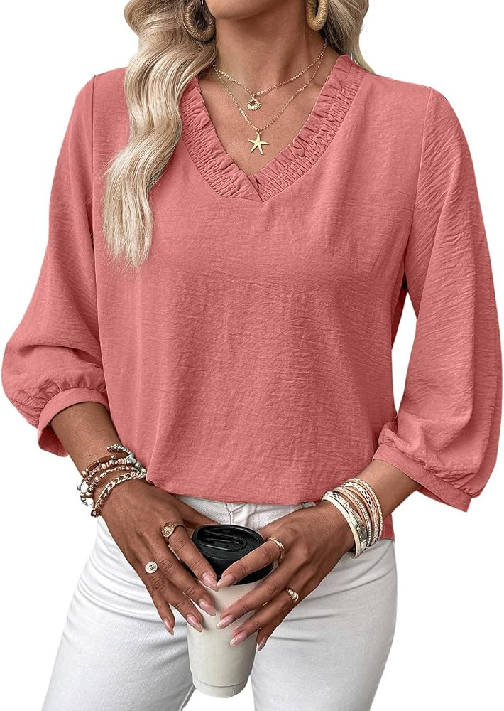 SHEWIN Women Smocked Neck Tops 3/4 Sleeve Loose Fit Shirts | Amazon (US)