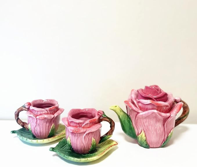 Ceramic Rose Tea Pot Set, 3D Hand-painted Rose Red Flower Cup and Green Leaves Saucer, Set of 5 | Amazon (US)