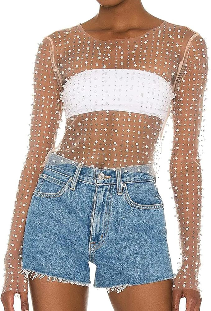 Women's Sheer Mesh Pearl Crop Top Shiny Rhinestone Long Sleeve Cover Up Blouses | Amazon (US)