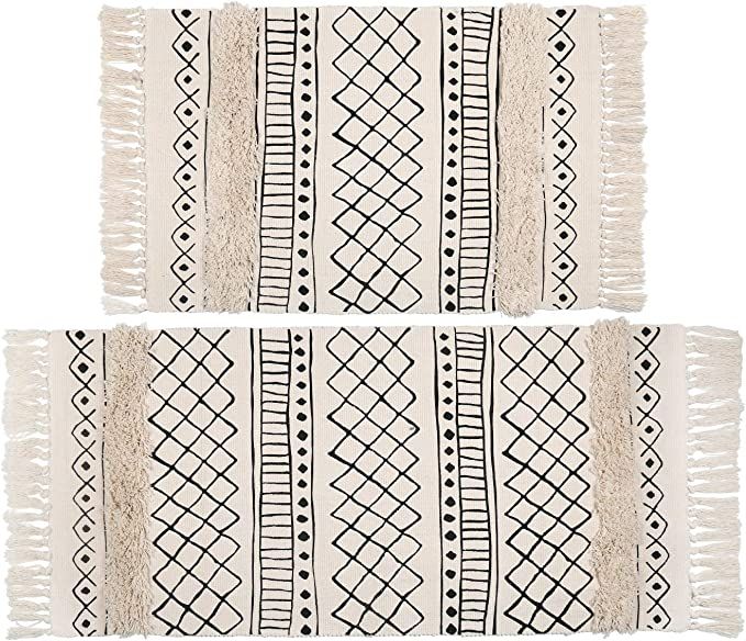Amazon.com: Topotdor Tufted Cotton Area Rug 2 Pieces,Hand Woven Print Boho Tassels Floor Rugs Per... | Amazon (US)
