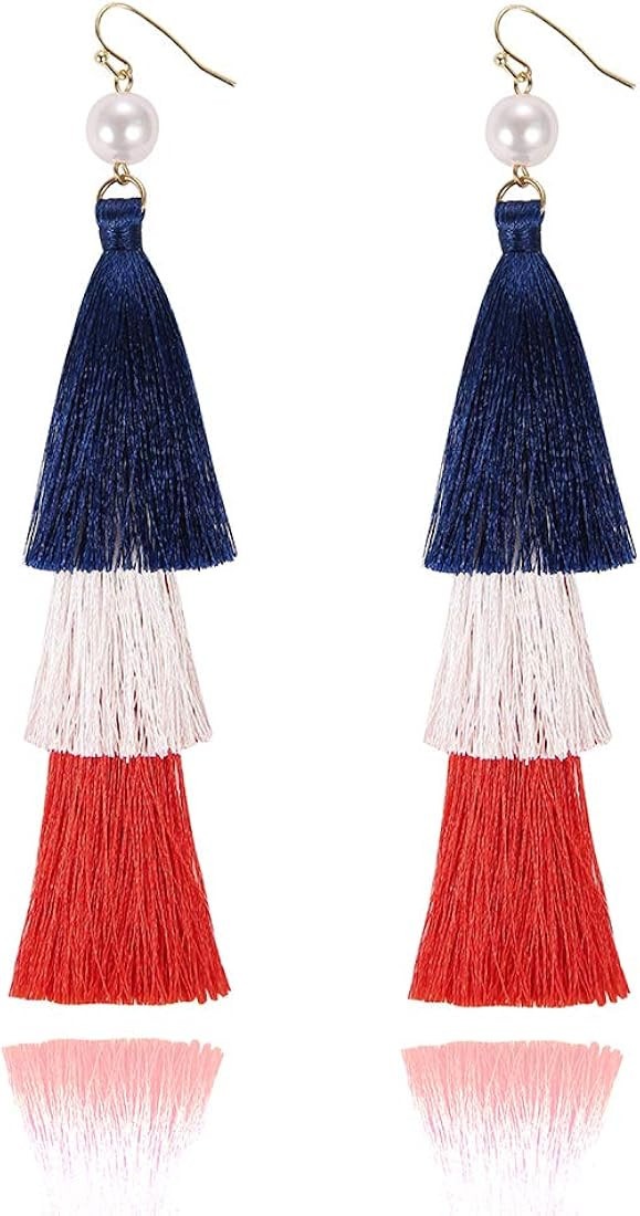 Zealmer Red Blue White Tassel Long American Flag Earrings for Women Gold Tone | Amazon (US)