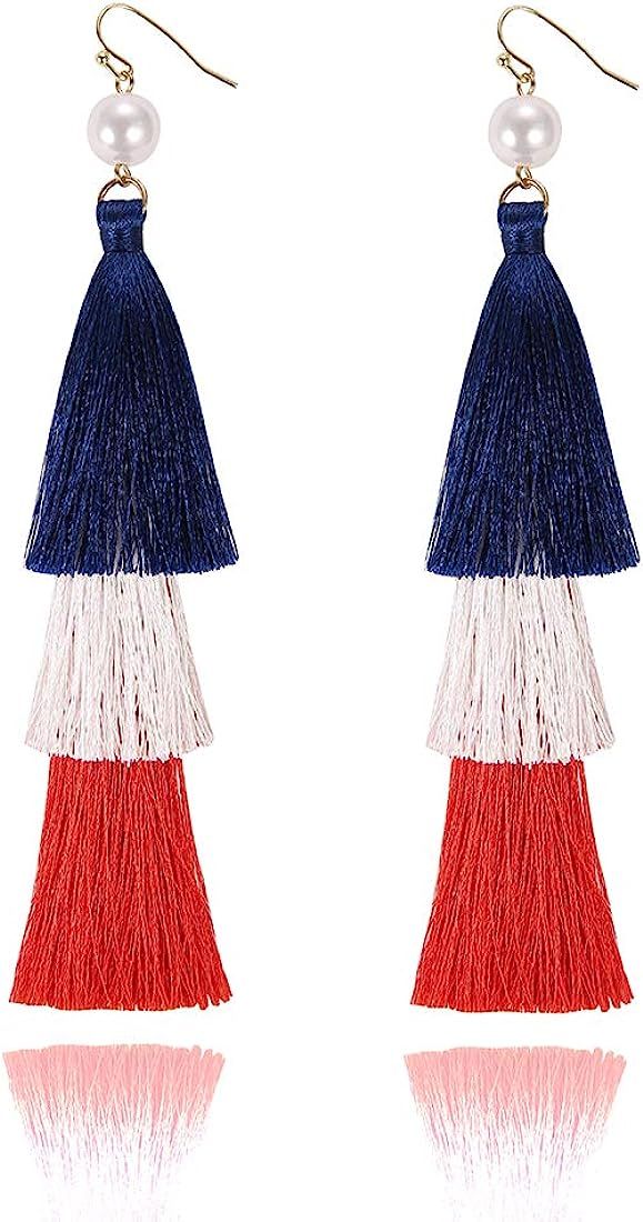 Zealmer Red Blue White Tassel Long American Flag Earrings for Women Gold Tone | Amazon (US)