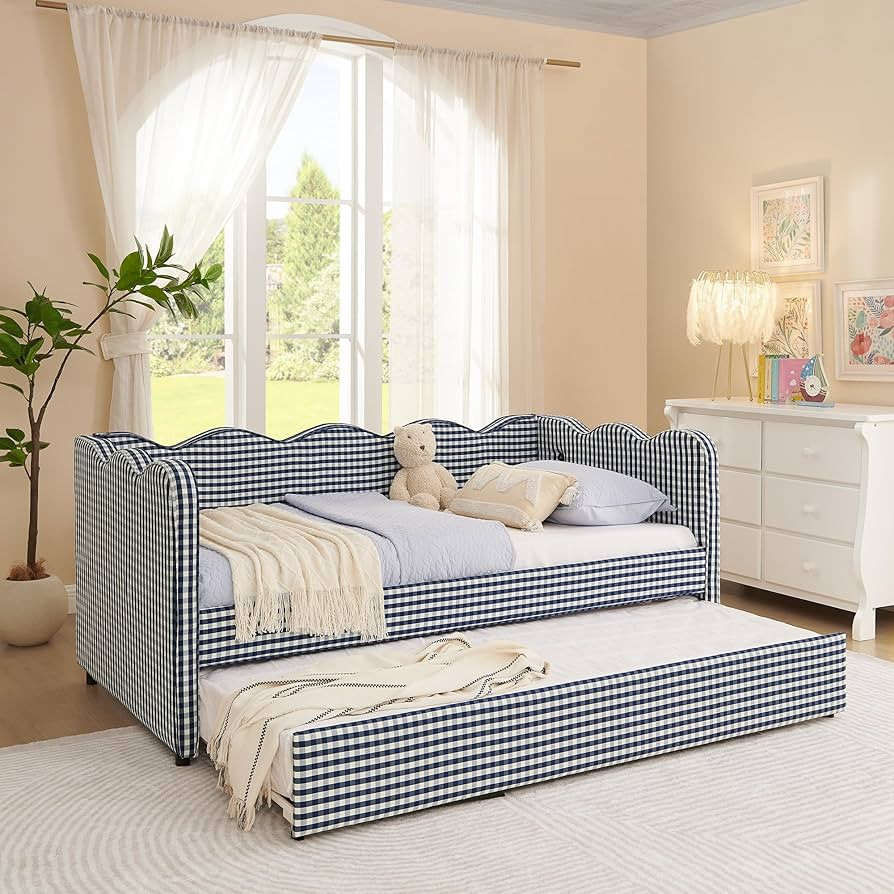 DEINPPA Twin Size Upholstered Daybed with Trundle, Gingham Daybed with USB Ports for Bedroom Livi... | Amazon (US)