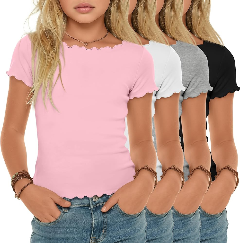 4 Pack Girls Short Sleeve Shirts Lettuce Trim Boat Neck Knit Tops Slim Casual Basic Tee 5-14 Years | Amazon (US)