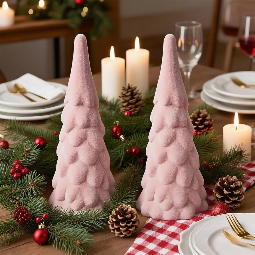 Set of 2 Velvet Ceramic Christmas Trees Decoration, 9.5in Modern Tabletop Christmas Tree Figurine... | Amazon (US)