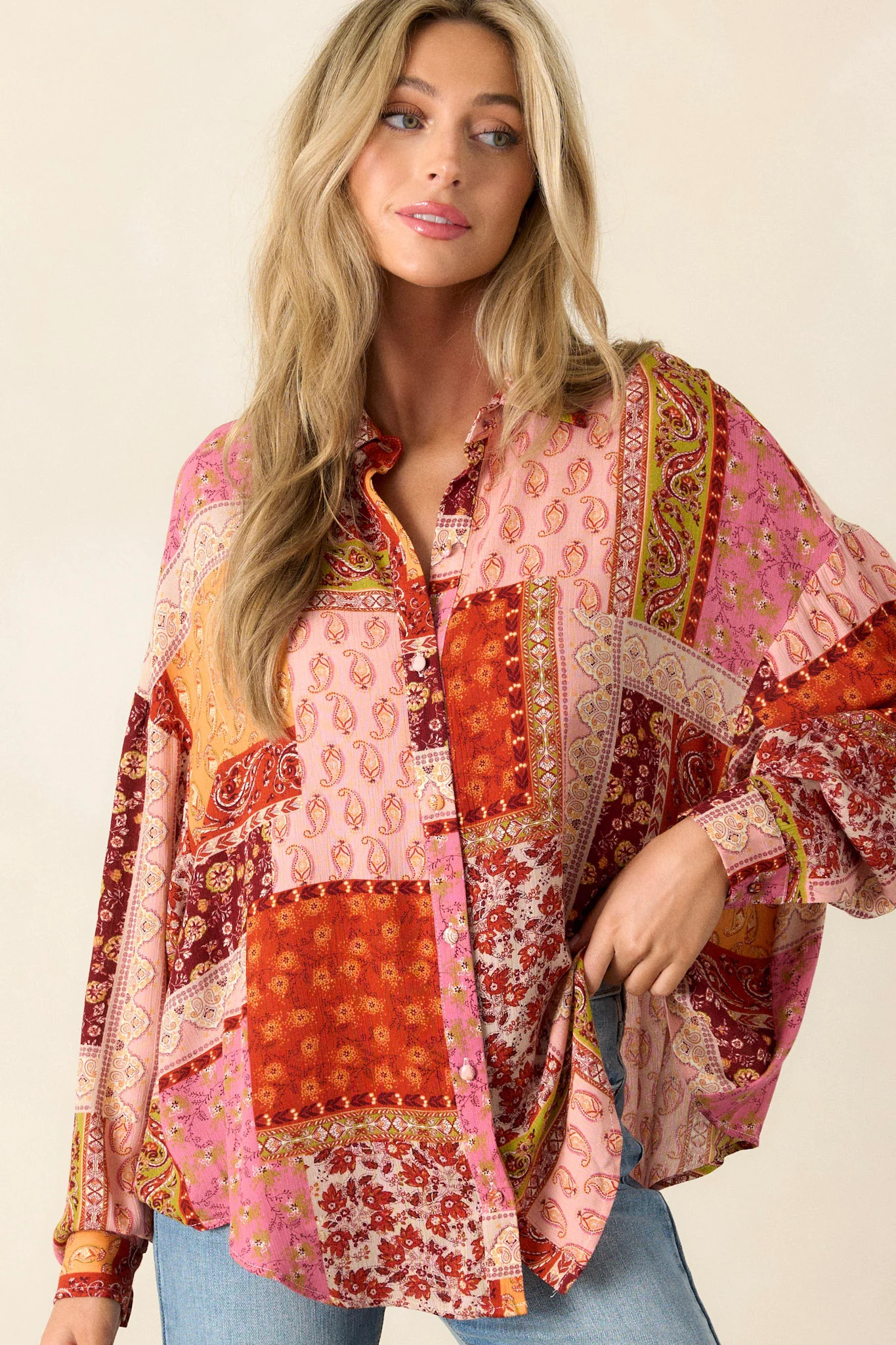 Escaping Reality Rust Multi Patchwork Print Top | Red Dress