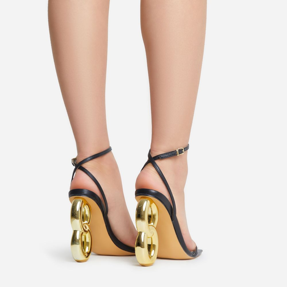 Farah Ankle Strap Square Toe Gold Chain Heel In Black Faux Leather | EGO Shoes (US & Canada)