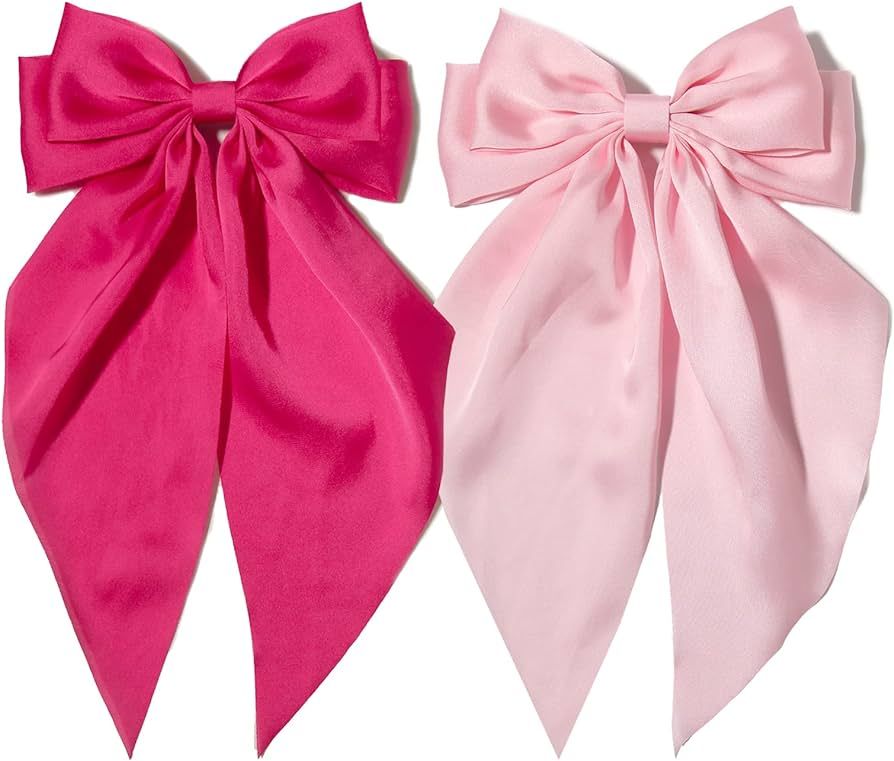 Satin Hair Bows Hair Clips for Women,Bow for Hair Large Pink Bows Long-Tail Alligator Clips Hot P... | Amazon (US)