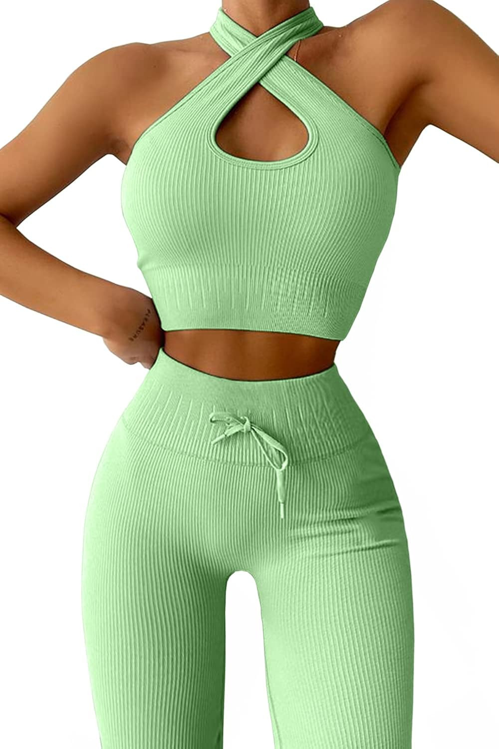 QINSEN Workout Sets for Women 2 Piece Seamless Ribbed High Waist Legging with Spor Bra GMY Exerci... | Amazon (US)