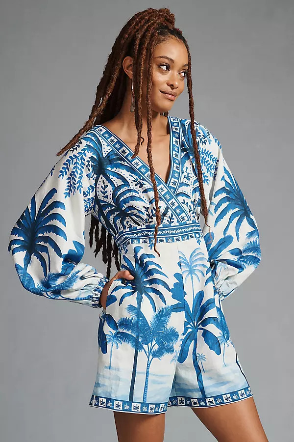 Farm Rio Long-Sleeve Printed Romper By Farm Rio in Blue Size XL | Anthropologie (US)