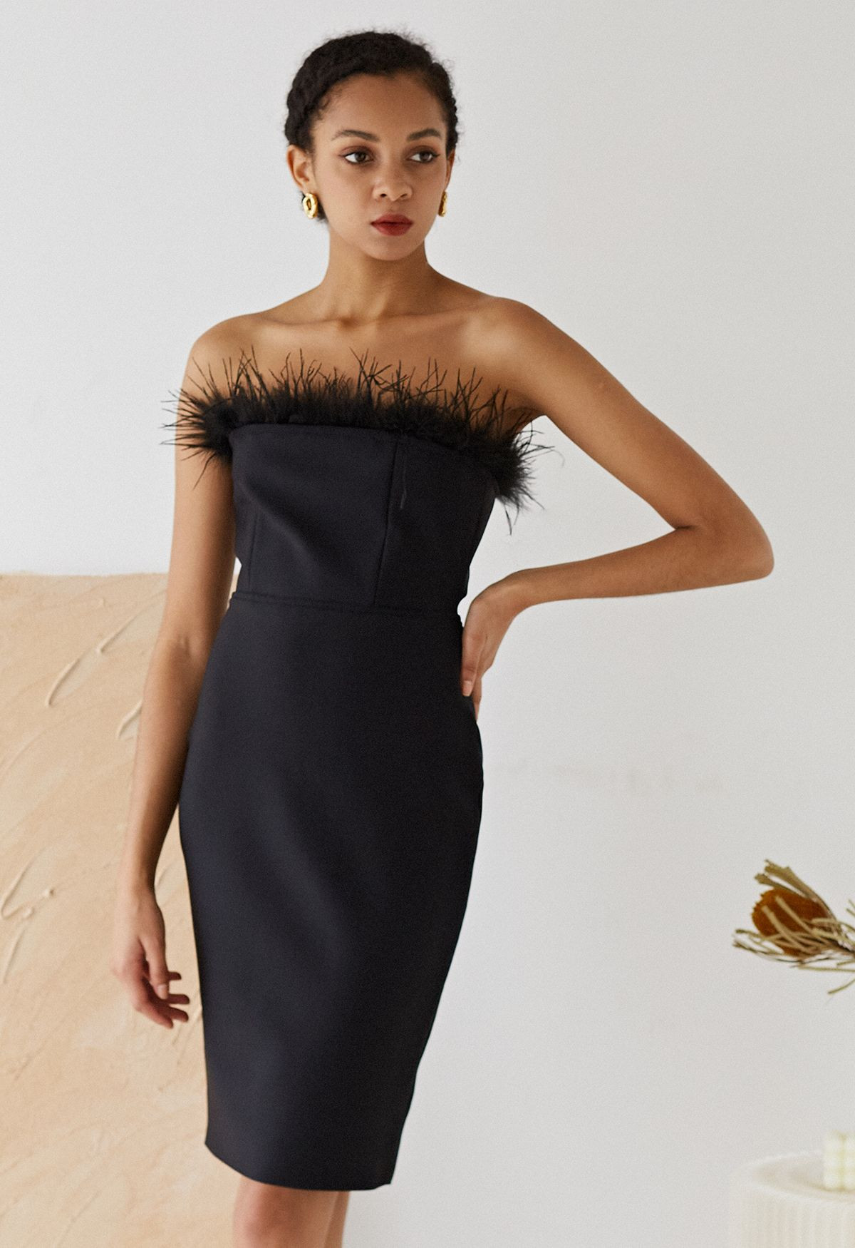 Feather Trim Bodycon Tube Cocktail Dress in Black | Chicwish