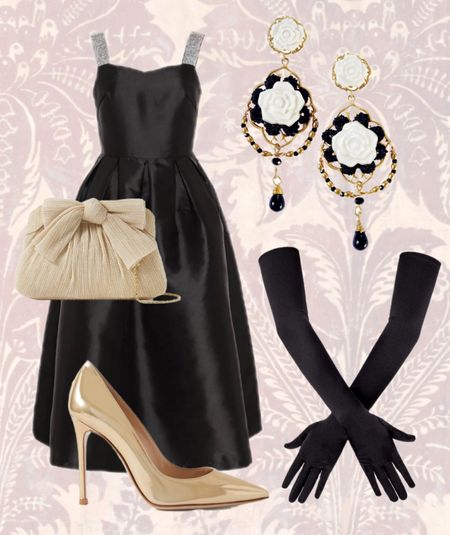 Old Hollywood glam party outfit in black  and gold. 

#LTKHoliday #LTKSeasonal #LTKstyletip