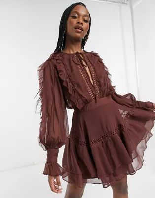 ASOS DESIGN lace insert mini dress with ruffle and tie detail in Chocolate | ASOS (Global)