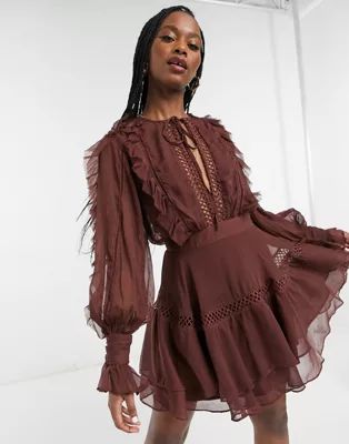 ASOS DESIGN lace insert mini dress with ruffle and tie detail in Chocolate | ASOS (Global)