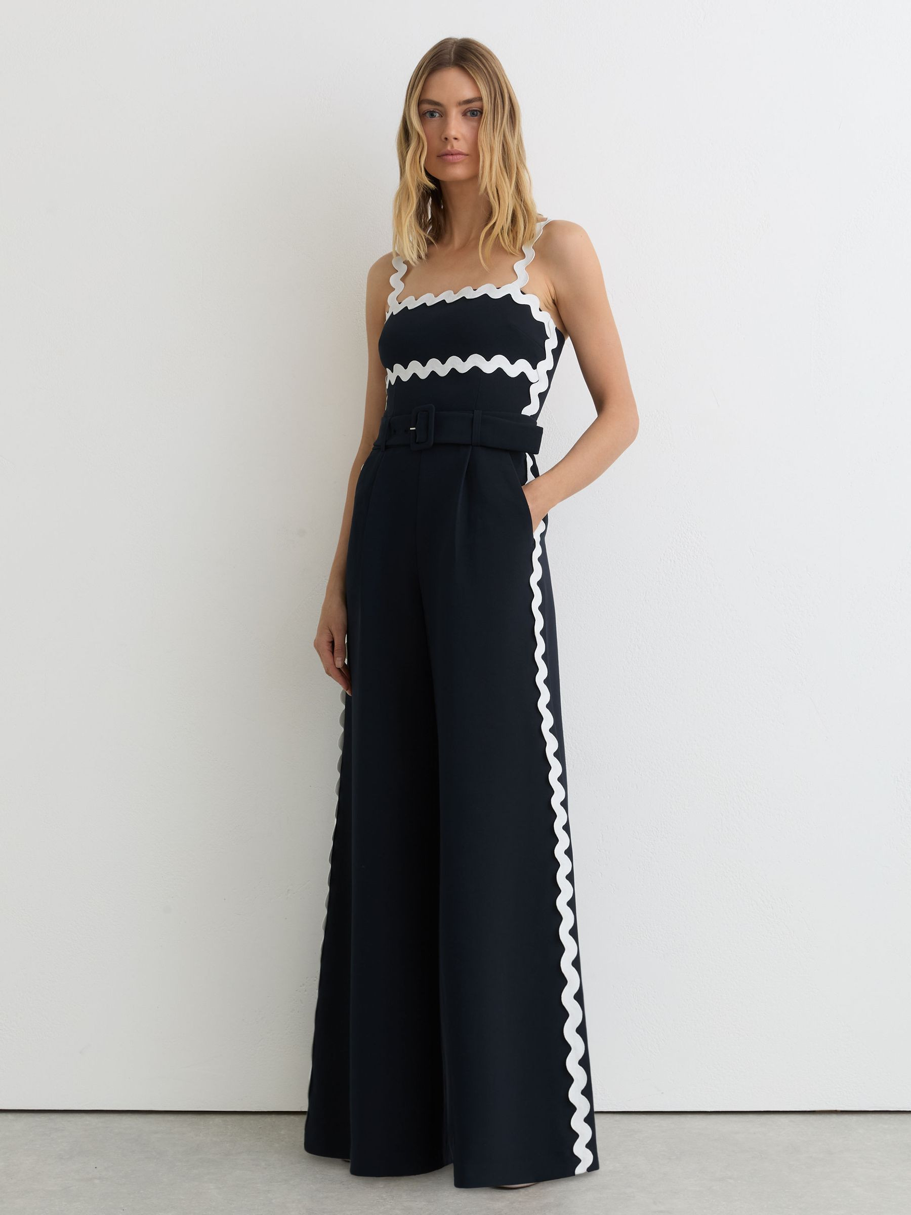 Reiss Ric-Rac Trim Wide-Leg Jumpsuit in Navy/Ivory - REISS | Reiss UK