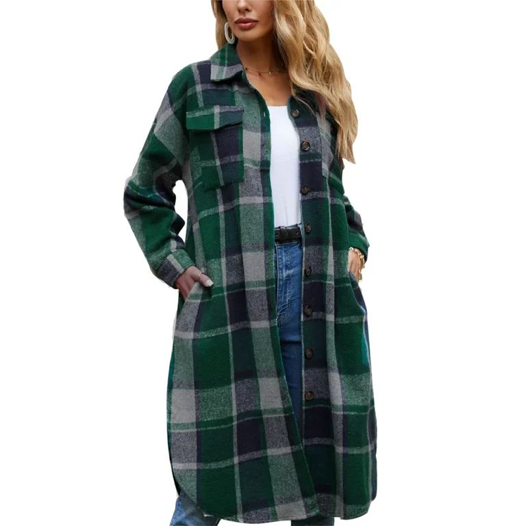 Sexy Dance Women's Vintage Plaid Flannel Long Jacket Wool Blend Button Down Shacket Coat - Walmar... | Walmart (US)