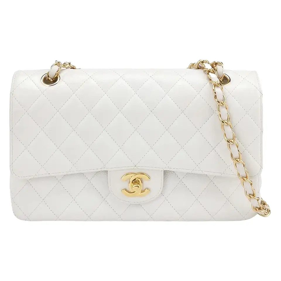 Chanel Classic Flap Medium 2010 White Caviar Leather Gold Hardware | 1stDibs
