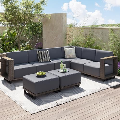 Aoxun Patio Furniture Set, 8 Piece Outdoor Sofa Set, Brown/Dark Gray | Amazon (US)