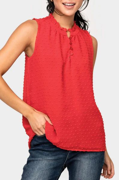 Respect the Ruffle Sleeveless Covered Button Blouse | Gibson