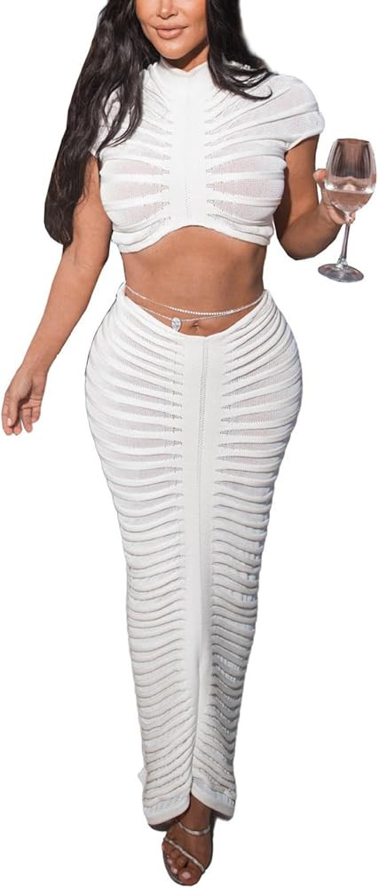 Sexy See Through Long Dress Knitted Sheer Mock Neck Crop Top and Maxi Skirt 2 Piece Outfits Sets | Amazon (US)