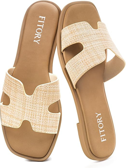 FITORY Women's Slide Sandals, Flat Fashion Square Open Toe with Cushion Slippers for Summer Beach | Amazon (US)