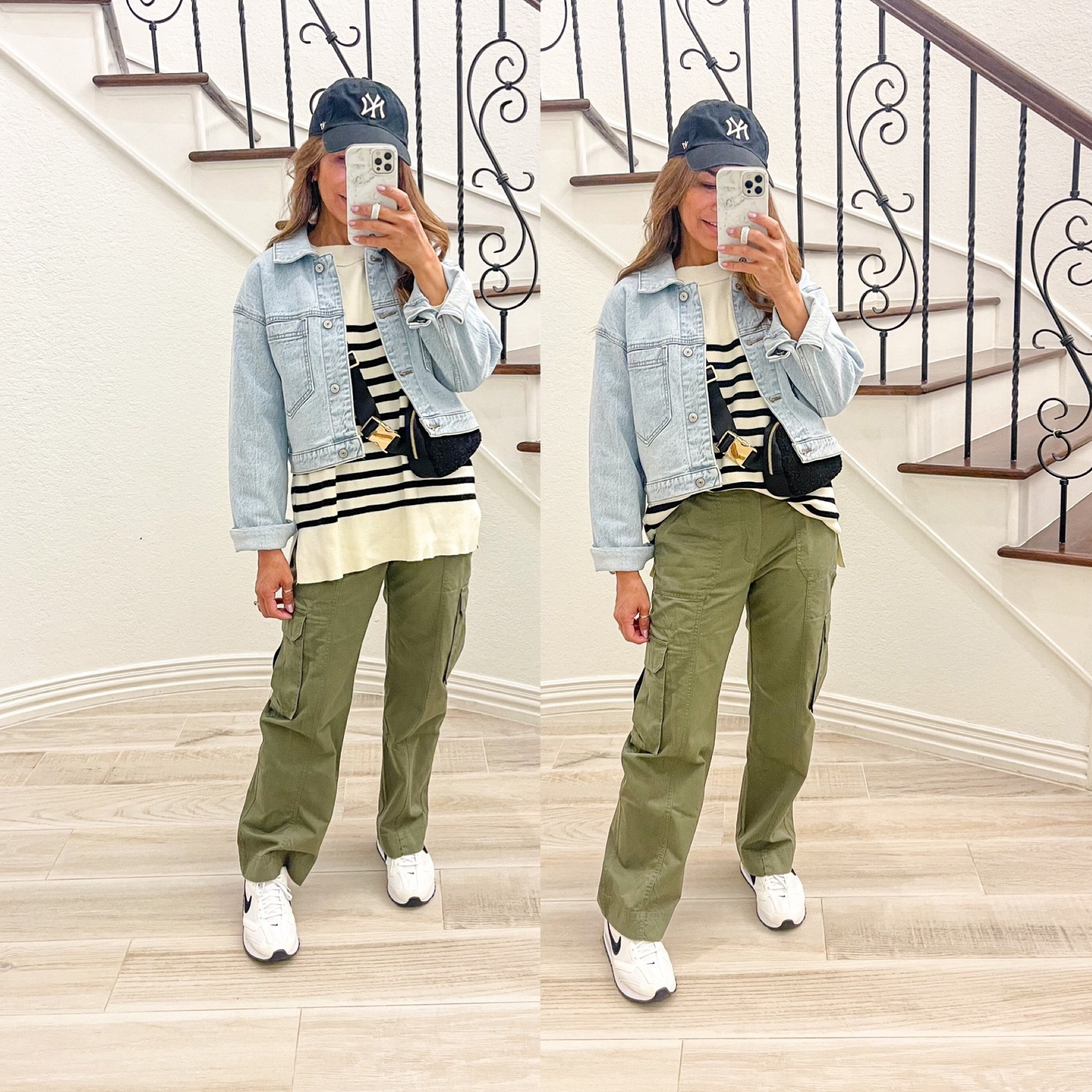Striped sweater in small has an oversized fit(color Apricot)
Cargo pants in size 26 short length tts
Nike shoes tts
Denim jacket in small tts
Amazon finds, Abercrombie style 

#LTKunder50 #LTKFind #LTKSeasonal
