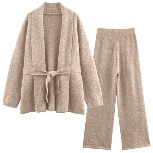 CUFEZN Khaki Two Piece Outfits Knit Sweater Sets for Women Tie Front Cardigan Sweatsuits Solid Casual Matching Set Small | Amazon (US)