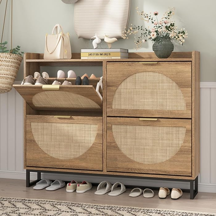 Maupvit Large Rattan Shoe Storage Cabinet with 4 Flip Drawers, Freestanding Shoe Organizer with M... | Amazon (US)