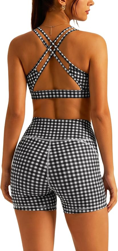 ABOCIW Gingham Workout Sets for Women Two Pilates Yoga Outfits | Amazon (US)