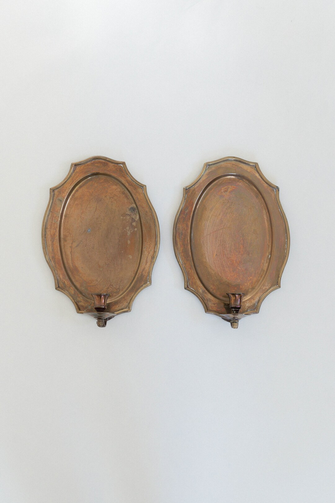 Set of 2 Vintage Brass Candlestick Sconces Vintage Wall Sconce Candleholders With Large Back Scal... | Etsy (US)