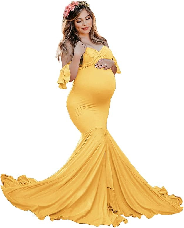 Saslax Off Shoulder Ruffle Sleeves Elegant Fitted Maxi Maternity Dress for Photoshoot Baby Shower | Amazon (US)