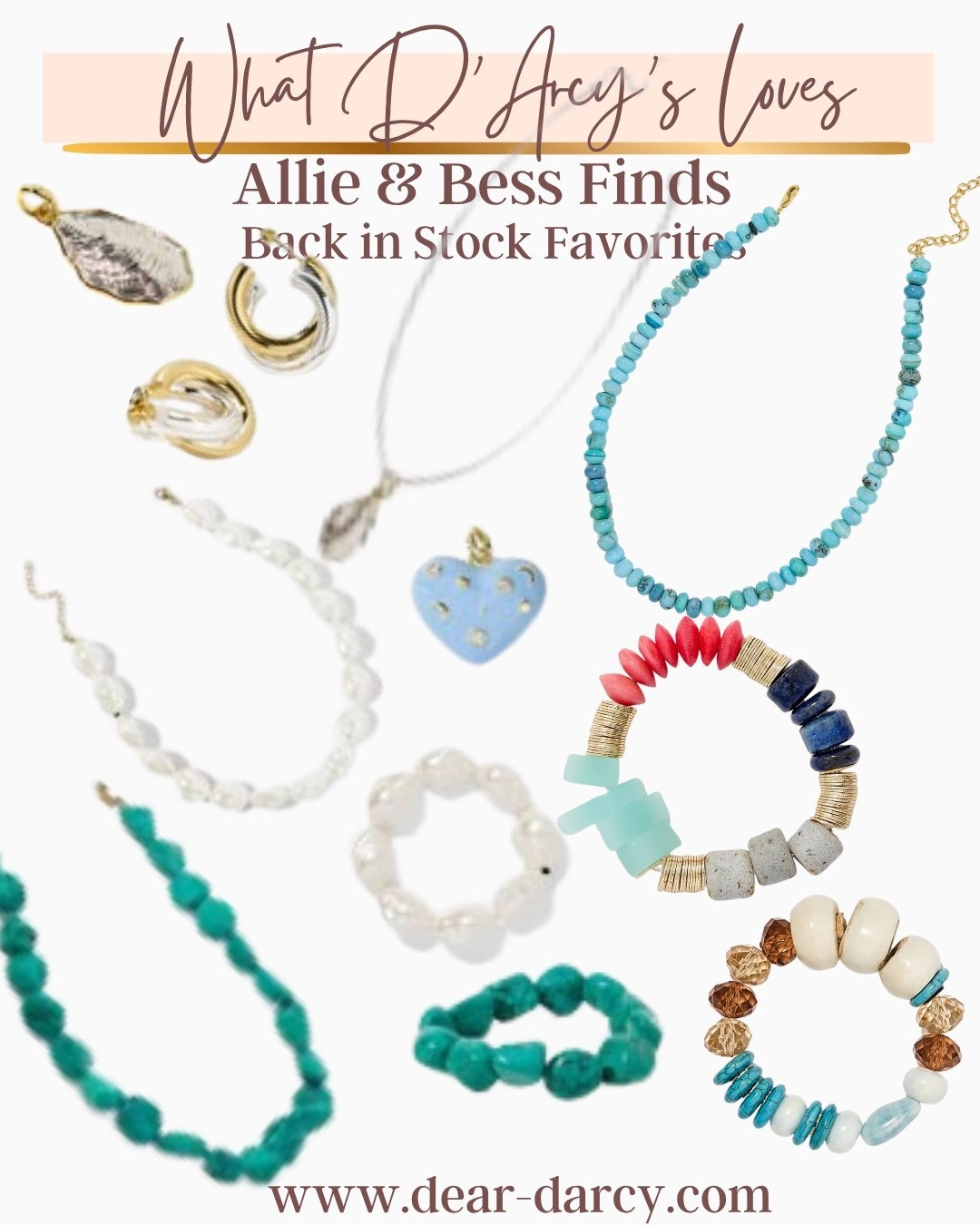 Save 20% on Allie and Bess with my code DARCY20

Favorites NOW back in stock

Bold statement jewelry is trending and really finishes off a outfit… 
Here’s some of my favorites 

The wren bracelet and necklace 

The shell or heart charm to add to any necklace

The silver necklace with shell charm 

Turquoise necklace 

And fun bold stone bracelets that you can wear alone or stock /mix and match with your favorite bracelets

#LTKgrwm #LTKOver40 #LTKSaleAlert
