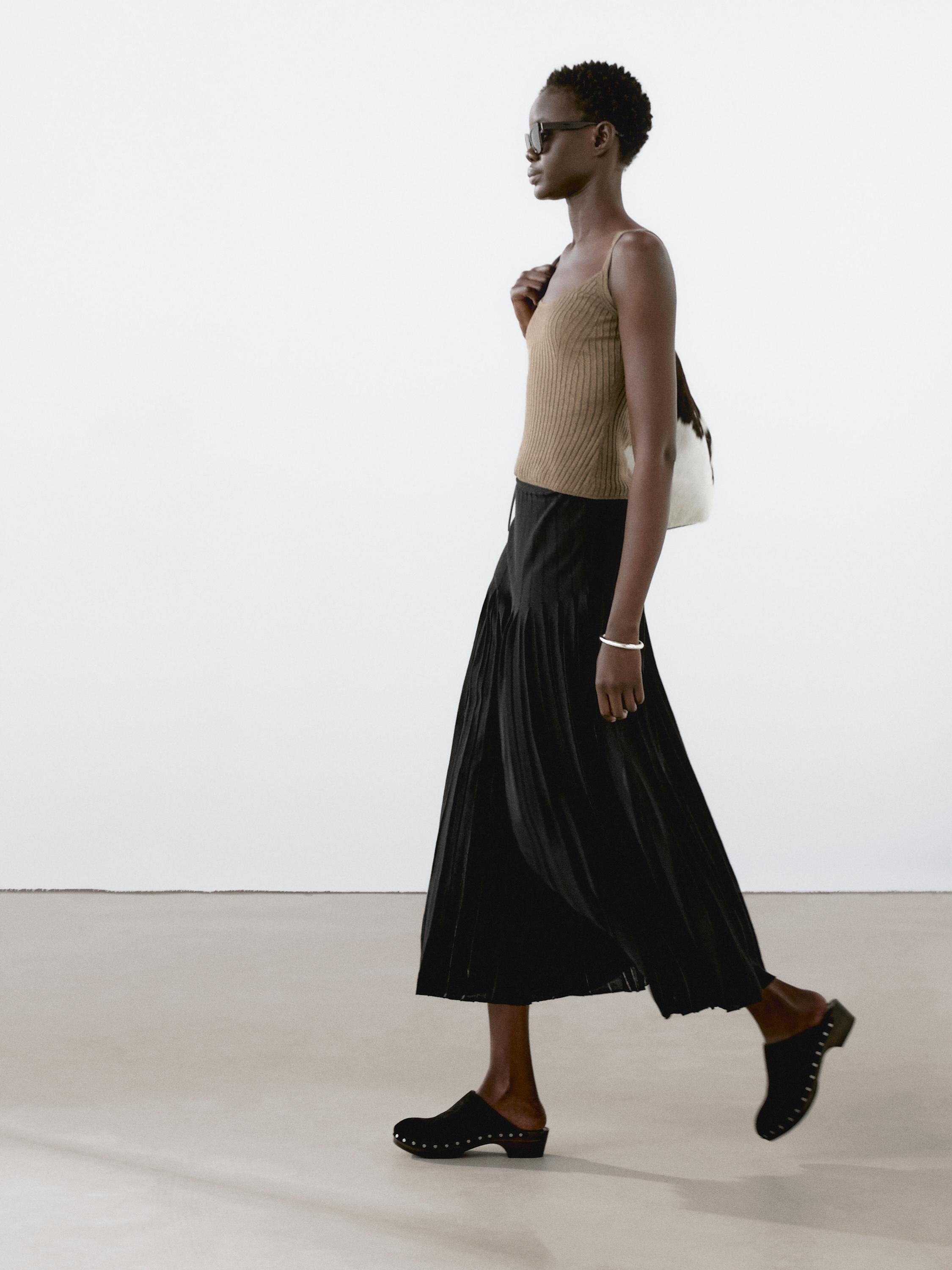 Pleated midi skirt with sheer details | Massimo Dutti UK