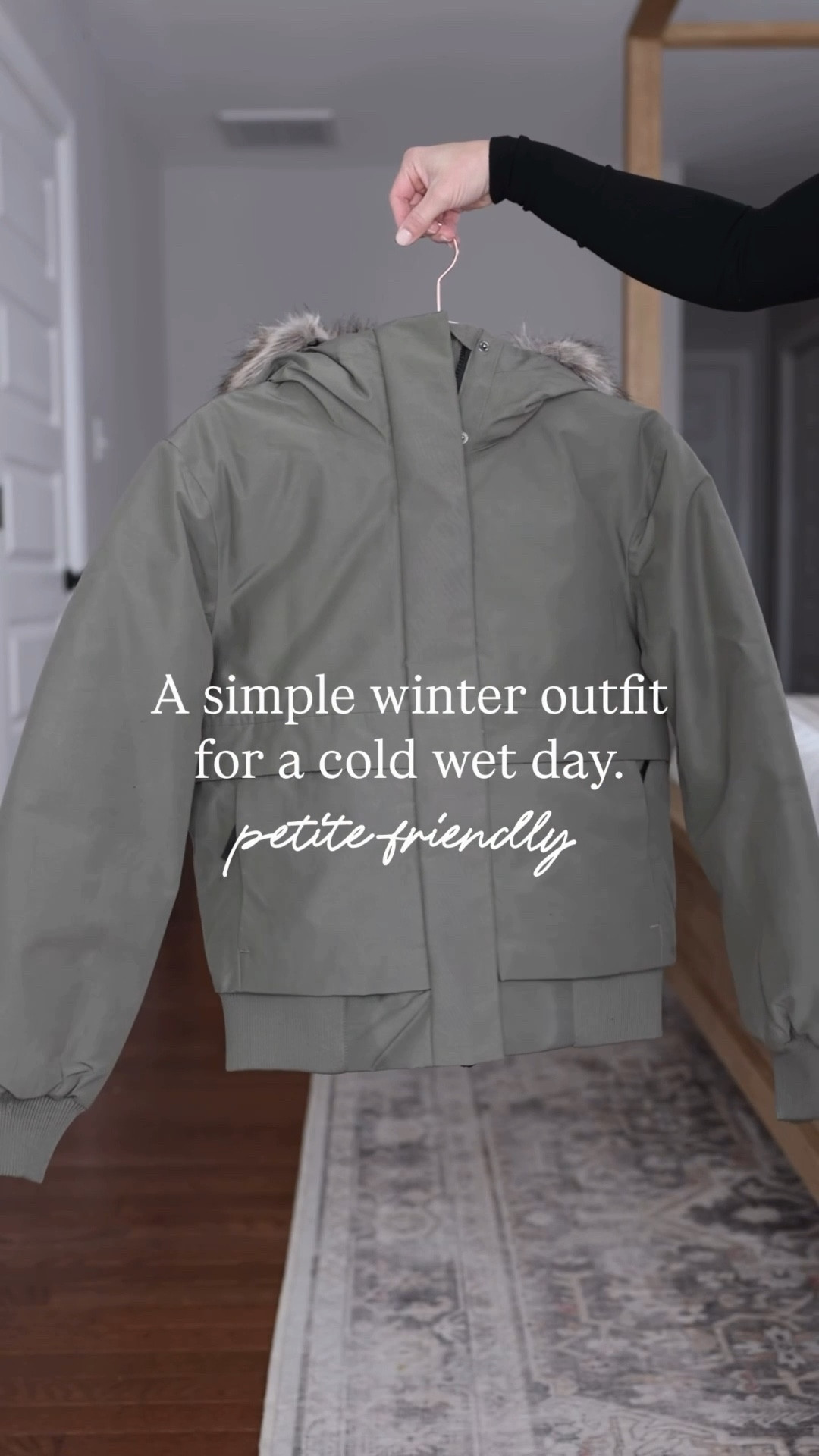 A simple winter outfit for a cold wet winter day from @onequince #quincepartner 

Bella Stretch Kick Flare Jeans: 24 x 26” in black 
100% Organic Cotton Fisherman Crew Sweater: XS in black
Responsible Down Hooded Short Parka: XS in faded cargo
