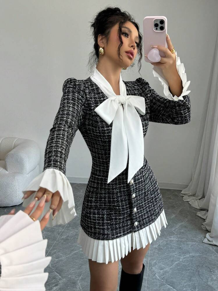 Selianne Women's Autumn/Winter Bowknot Neck Colorblock Plaid Pleated Short Dress Fall Cloth For Women | SHEIN
