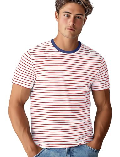 Red and White Striped Shirt Mens Cotton Stretch Stripe Tshirt Short Sleeve Classic Fitted Crewneck Tees (Red,S) | Amazon (US)