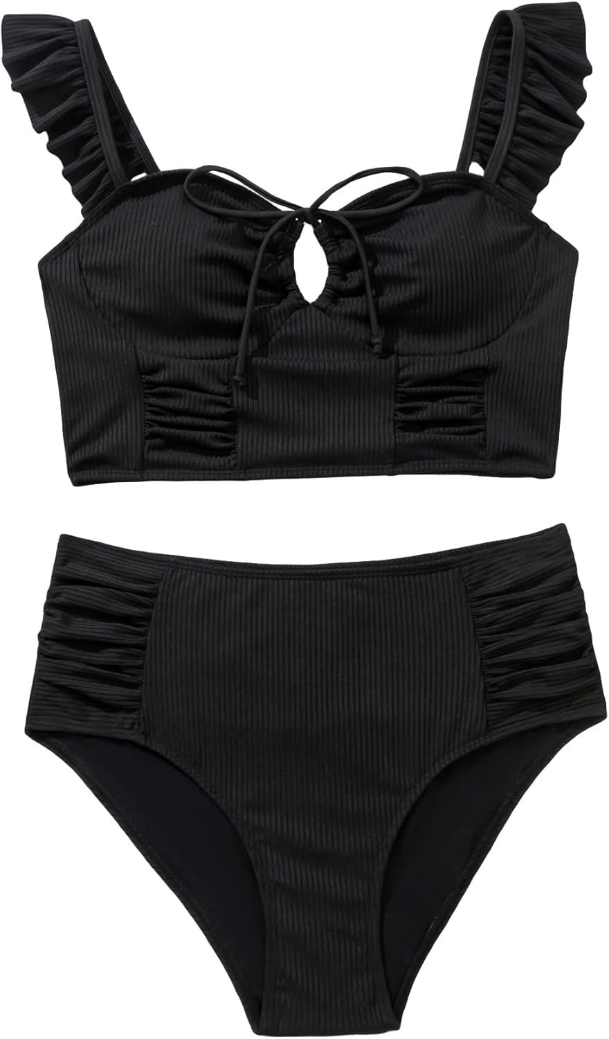 MakeMeChic Women's 2 Piece Bathing Suits Ruffle Trim Tie Front Ruched High Waisted Bikini Swimsui... | Amazon (US)