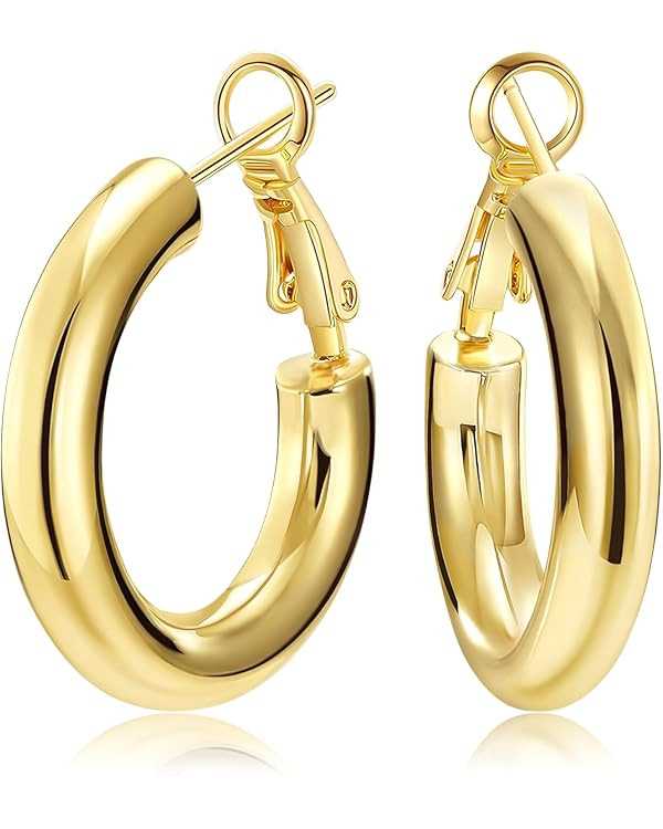 SHOWNII Chunky Gold Hoop Earrings - 14K Gold Plated Earrings for Women Hollow Tube Thick Hoops | Amazon (US)