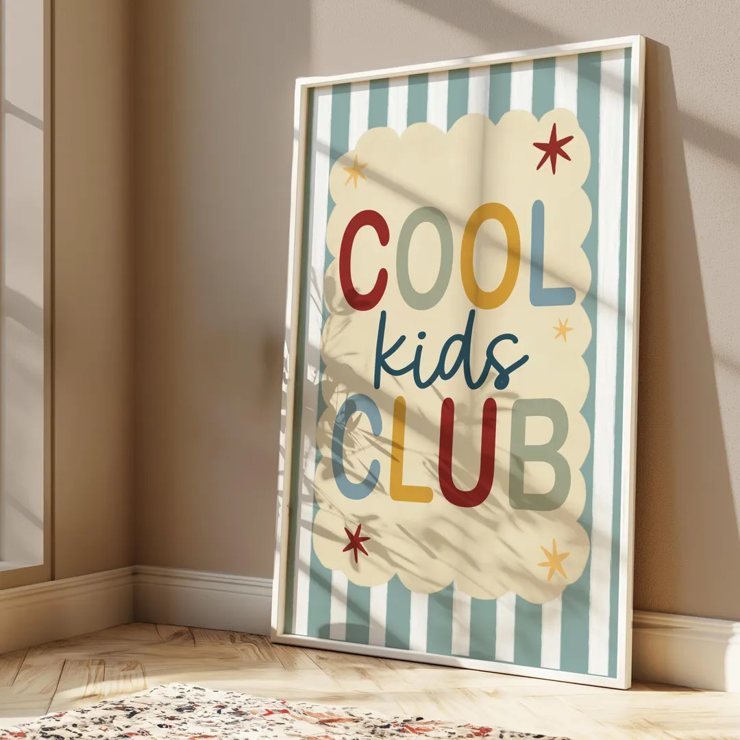 Cool Kids Club Print in With Stripey Blue Background, Scalloped Kids Retro Bedroom Playroom, Scan... | Etsy (US)