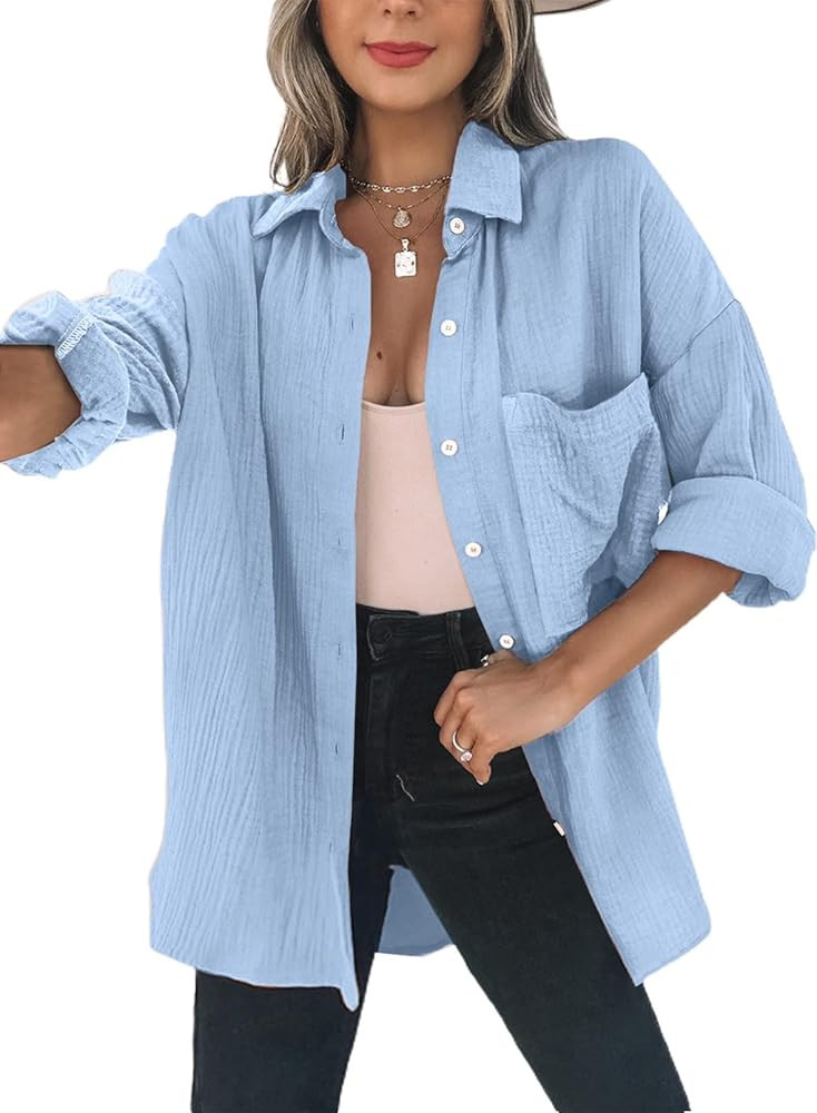 Dokotoo Womens Color Block Button Down Shirts Long Sleeve Oversized Boyfriend Blouses Tops | Amazon (US)