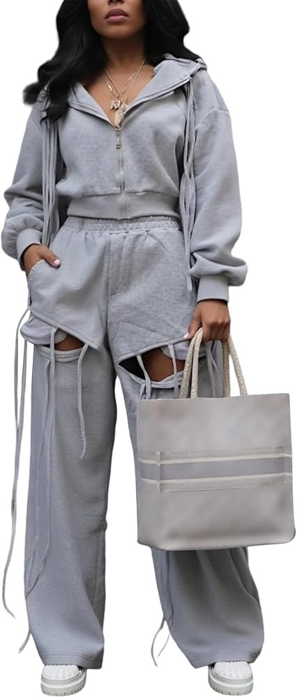 Voghtic Zipper Up Crop Hoodie And Wide Leg Sweatpants Set For Women Cute Fall Outfits | Amazon (US)