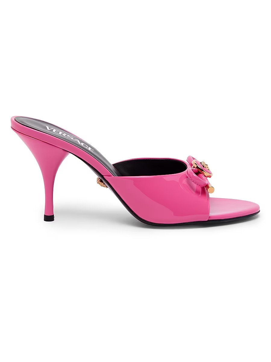 Women's Opera Bow 85MM Patent Leather Mules - Dragon Fruit Versace Gold - Size 9.5 | Saks Fifth Avenue