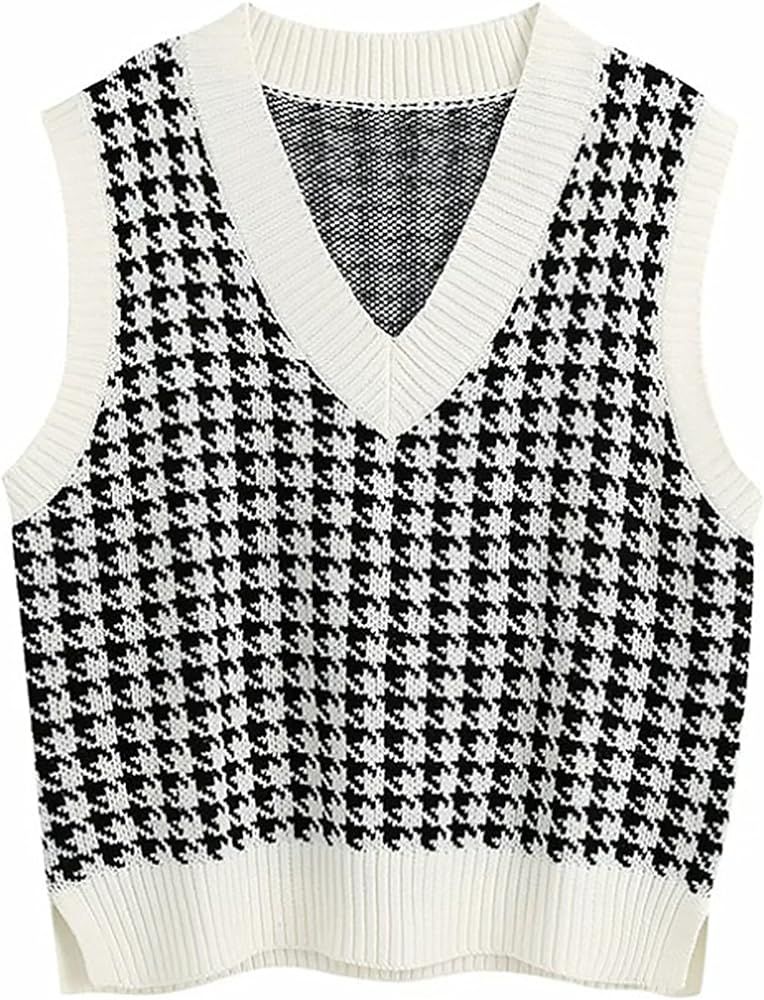 Oversized Women Houndstooth Pattern Knit Sweater Vest Sleeveless Loose V-Neck 90s Waistcoat Pullo... | Amazon (US)