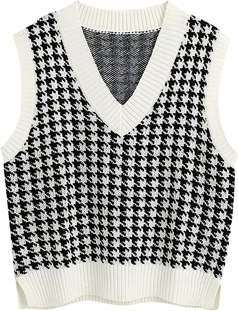 Gulajia Oversized Women Houndstooth Pattern Knit Sweater Vest Sleeveless Loose V-Neck 90s Waistcoat  | Amazon (US)