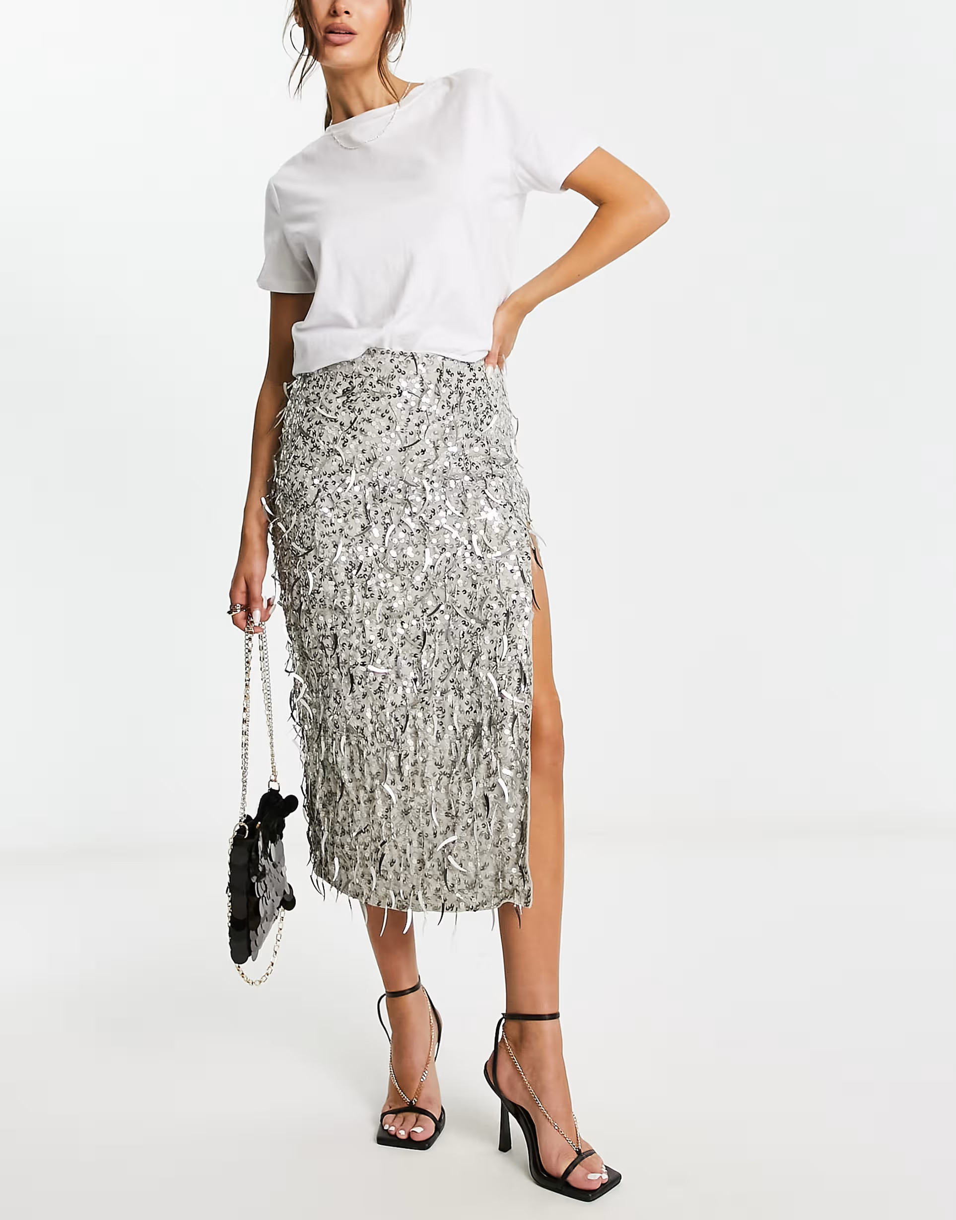 ASOS DESIGN embellished sequin midi skirt in silver | ASOS (Global)