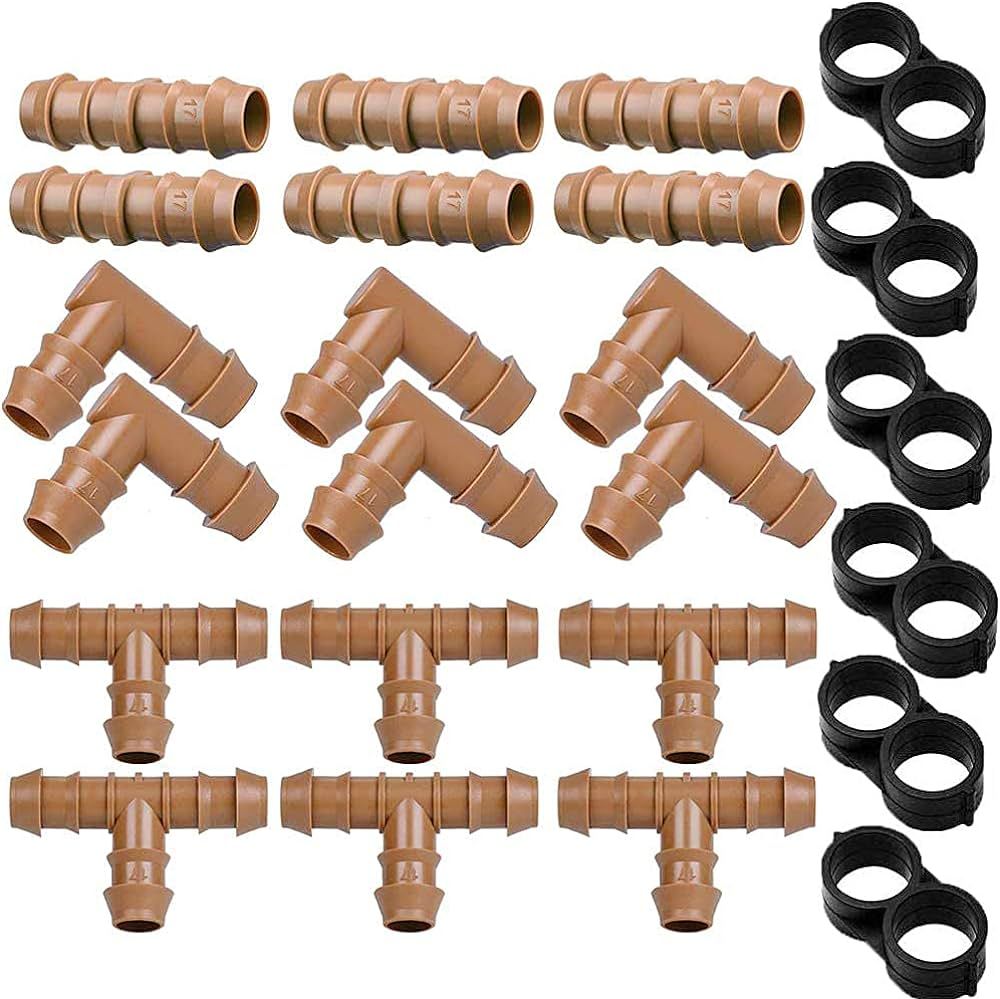JAYEE 24P Drip Irrigation Fittings Kit for 1/2" Tubing (.600 ID), 17mm Parts- 6 Tees, 6 Couplings... | Amazon (US)