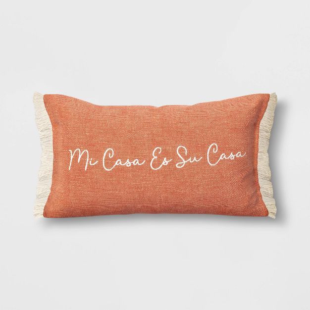 Embroidered &#39;Mi Casa Es Su Casa&#39; Lumbar Throw Pillow Orange - Threshold&#8482; | Target